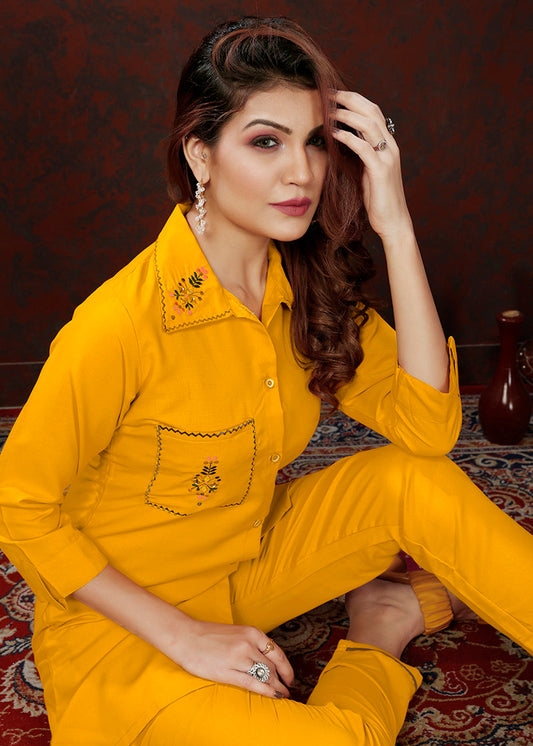 Monjolika Fashion Yellow Maaza Cotton With Hand Work Trendy Co Ord Set - Swadesiicart