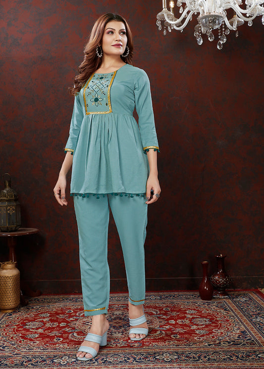 Monjolika Fashion Light Blue Maaza Cotton With Hand Work Trendy Co Ord Set - Swadesiicart