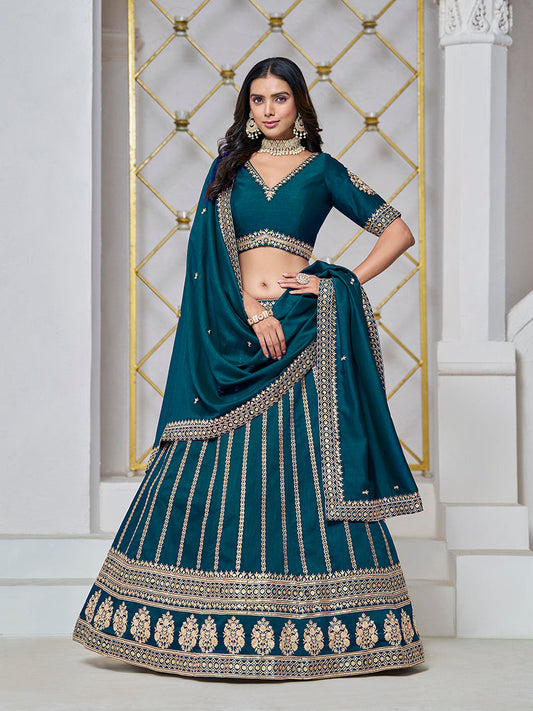 Monjolika Fashion Embroidered Art Silk Trendy Lehenga Choli In Teal - Swadesiicart