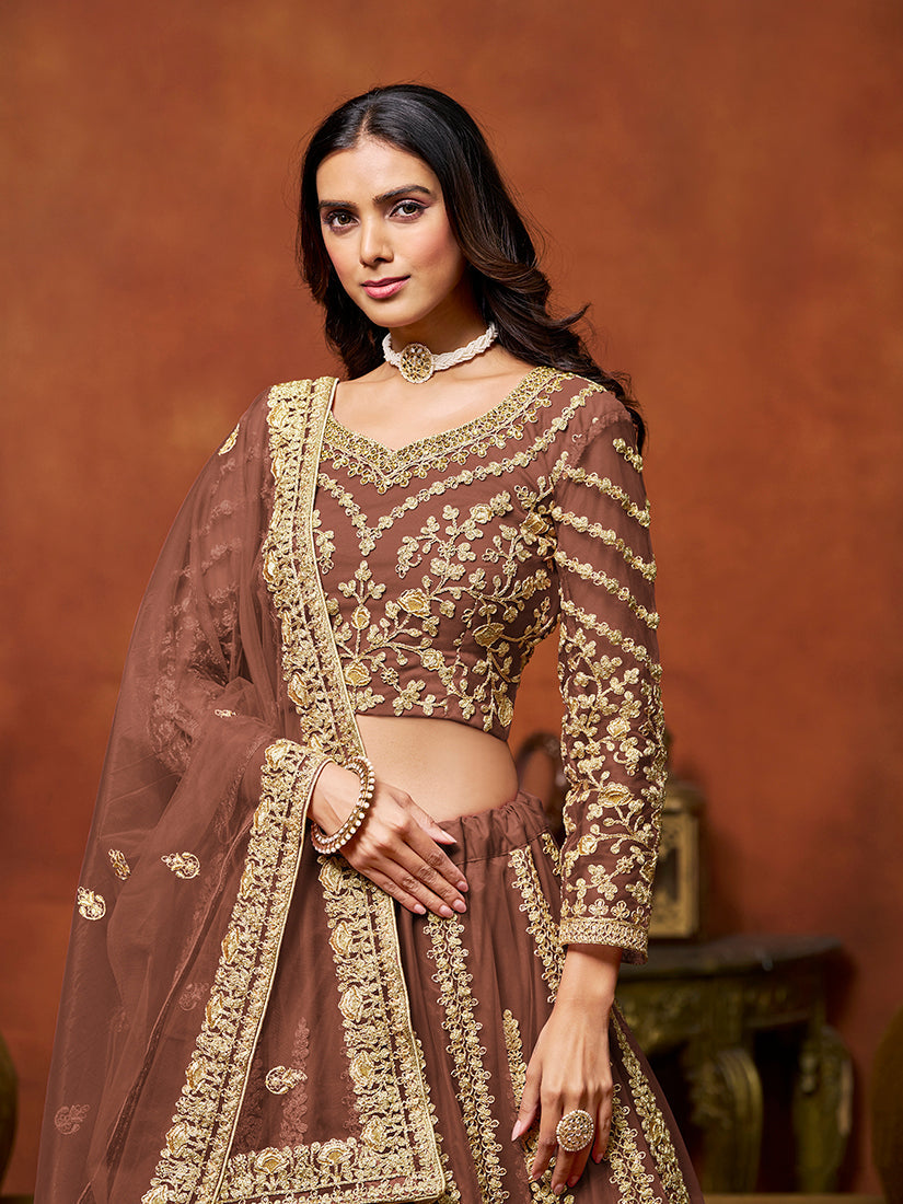 Monjolika Fashion Net Brown Embroidered Designer Lehenga Choli - Swadesiicart