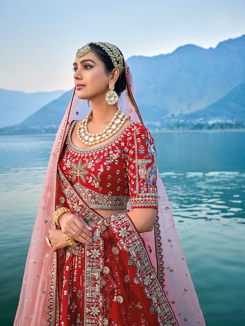 Monjolika Fashion Red Silk Embroidered Sequins Thread And Zari Work Bridal Trendy Lehenga Choli - Swadesiicart