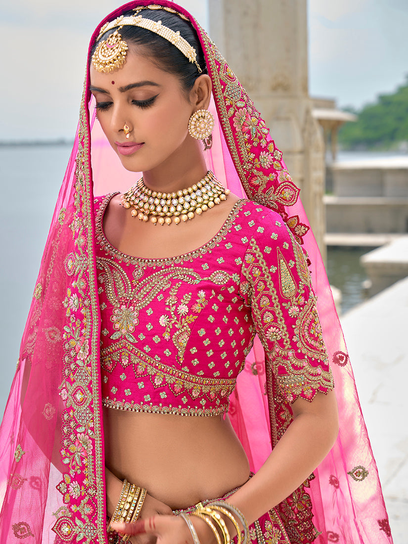 Monjolika Fashion Rani Pink Silk Embroidered Sequins Thread And Zari Work Bridal Trendy Lehenga Choli - Swadesiicart