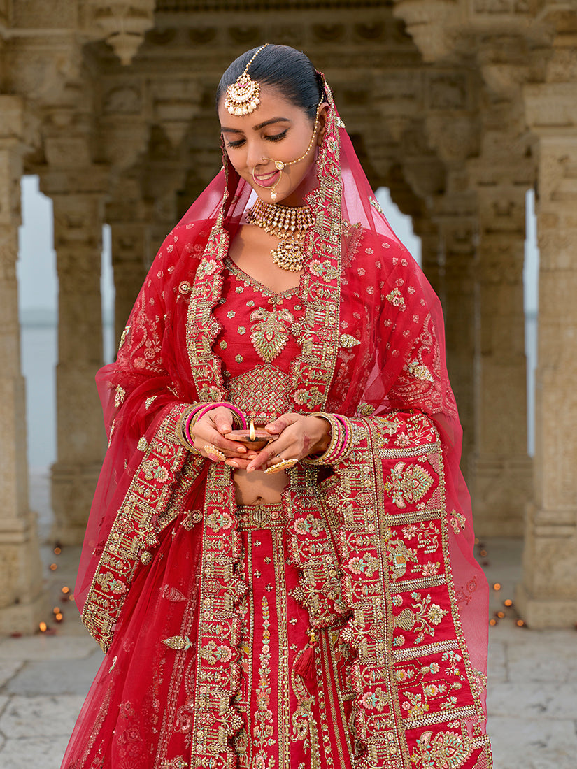 Monjolika Fashion Red Silk Embroidered Sequins Thread And Zari Work Bridal Trendy Lehenga Choli - Swadesiicart