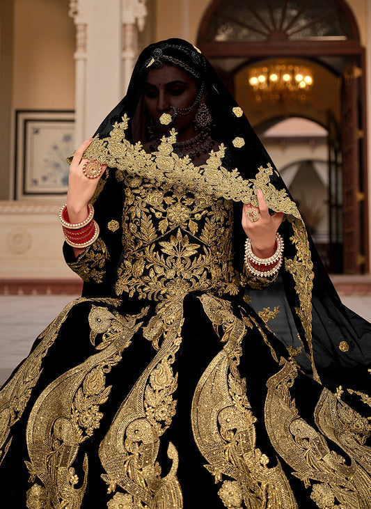 Monjolika Fashion Velvet Black Embroidered Stone Work Wedding Lehenga Choli - Swadesiicart