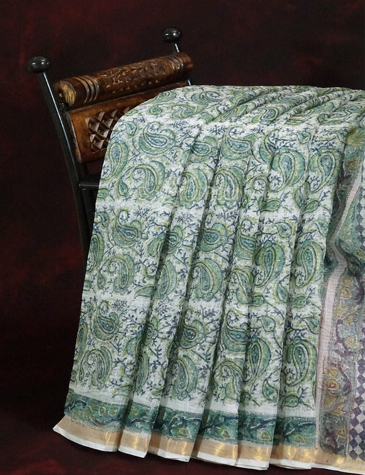 Off White And Parrot Green Colour Pure Kota Cotton Saree By Gayathri Reddy Designer Studio | Swadesiicart