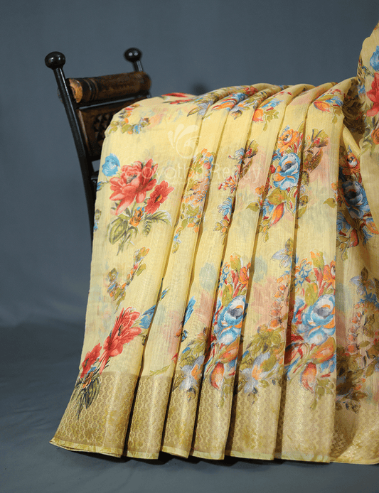 Shades of Light Dry Mehendi With Floral Print Semi Chanderi Saree By Gayathri Reddy Designer Studio | Swadesiicart