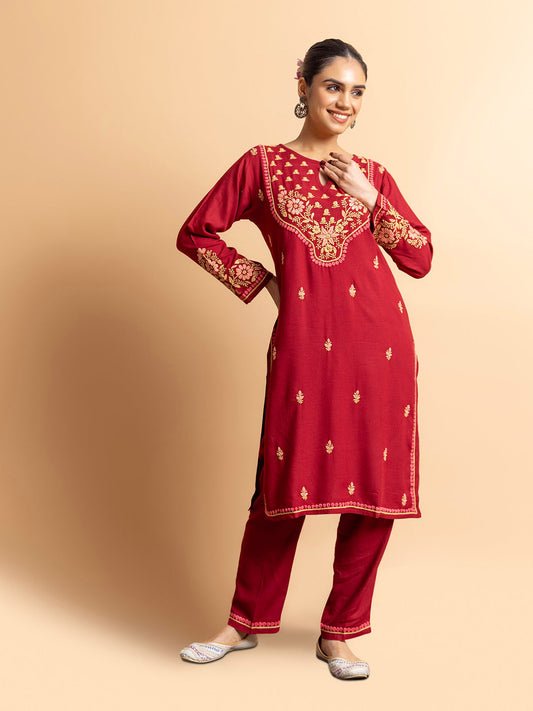 HOUSE OF KARI Floral Embroidered Chikankari Kurta With Palazzos | Swadesiicart