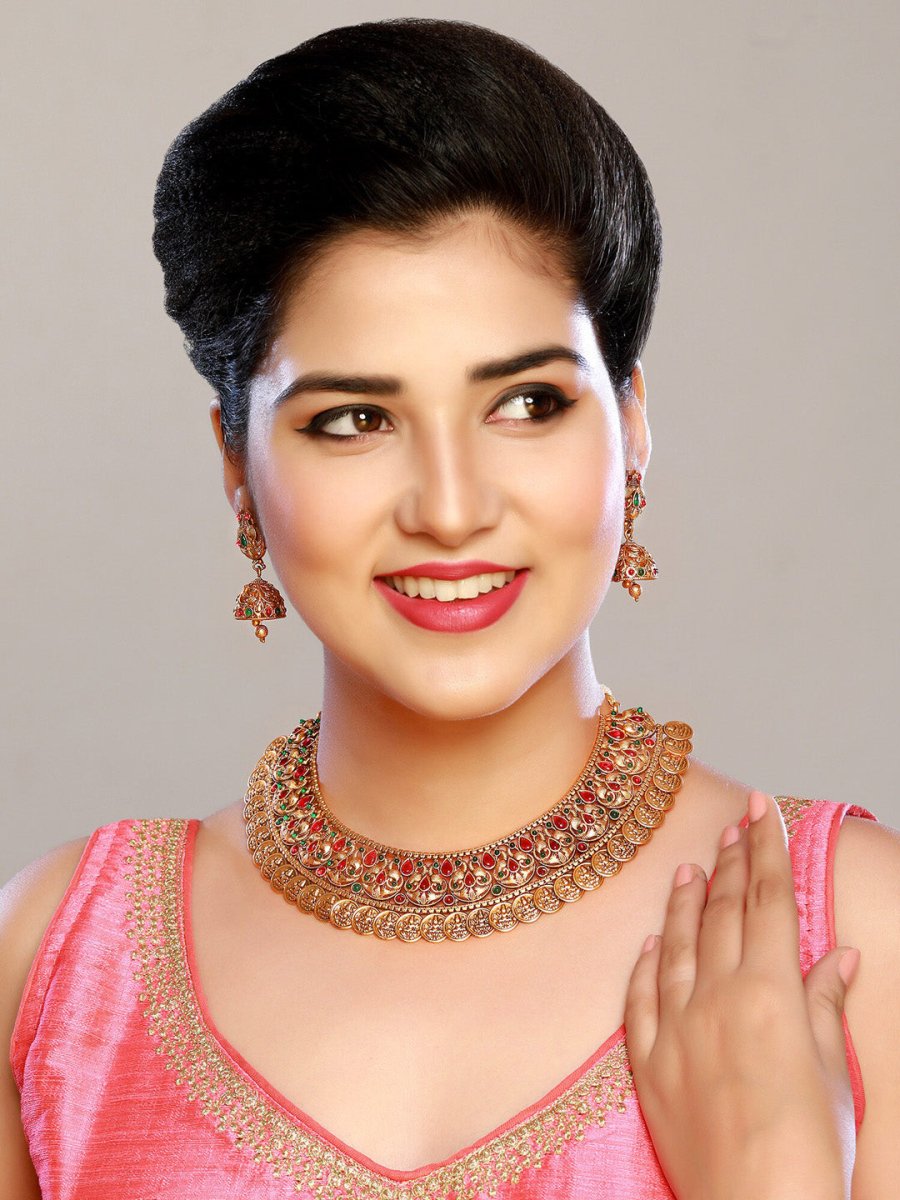 Aadita Gold-Polished Green & Pink Stone-Studded & Pearl Beaded Jewellery Set - Swadesiicart