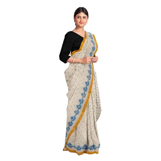 Exclusive Collection 100% Pure Cotton Off White Blue Saree With Printed Work - Swadesiicart