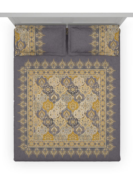 DDecor Grey & Yellow Ethnic Motifs Cotton 140 TC King Bedsheet With 2 Pillow Covers - Swadesiicart