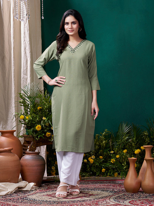 Monjolika Fashion Sage Green Maaza Cotton Hand Work With Pocket Casual Kurti - Swadesiicart