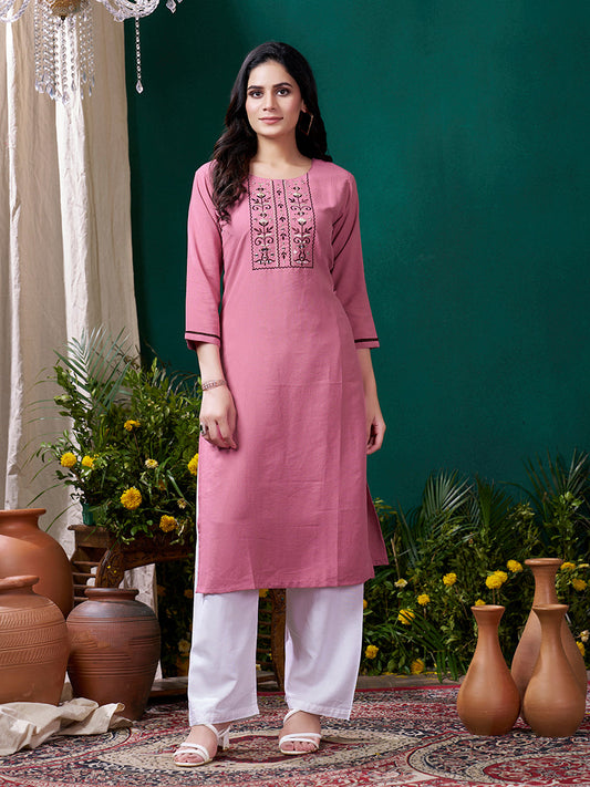 Monjolika Fashion Light Pink Maaza Cotton Hand Work With Pocket Casual Kurti - Swadesiicart