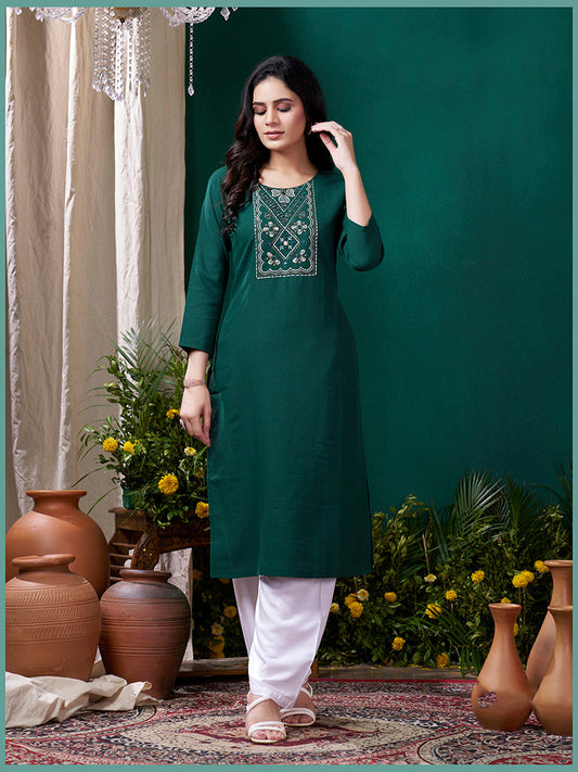 Monjolika Fashion Dark Green Maaza Cotton Hand Work With Pocket Casual Kurti - Swadesiicart