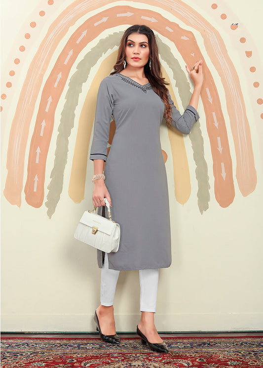 Monjolika Fashion Grey Maaza Cotton Hand Work With Pocket Kurti - Swadesiicart