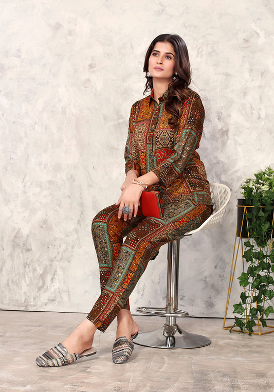 Monjolika Fashion Brown Premium Rayon Floral Printed Co Ord Set - Swadesiicart