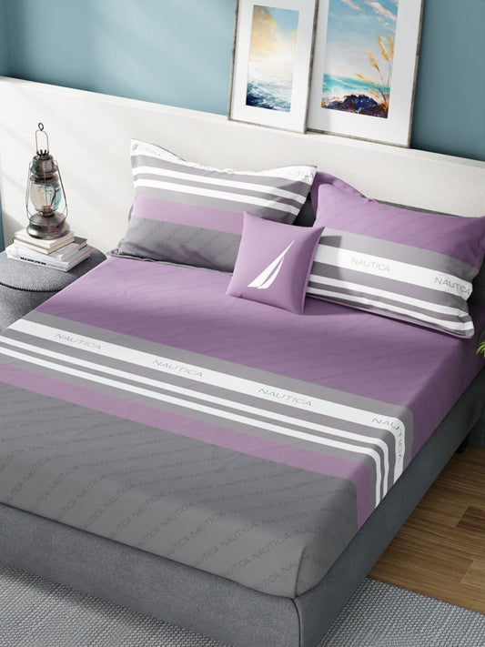 Nautica Bradford Purple & Grey Striped 160 TC Pure Cotton King Bedsheet & 2 Pillow Covers - Swadesiicart