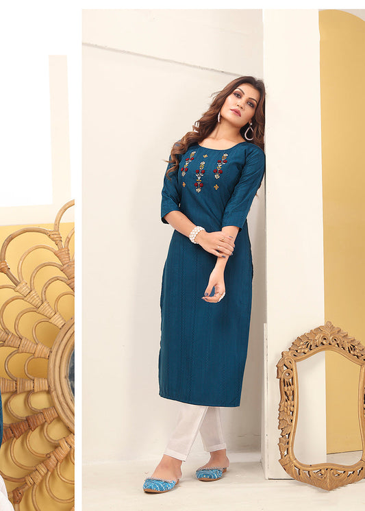 Monjolika Fashion Teal Blue Vision Silk With Handmade Embroidery Kurti - Swadesiicart