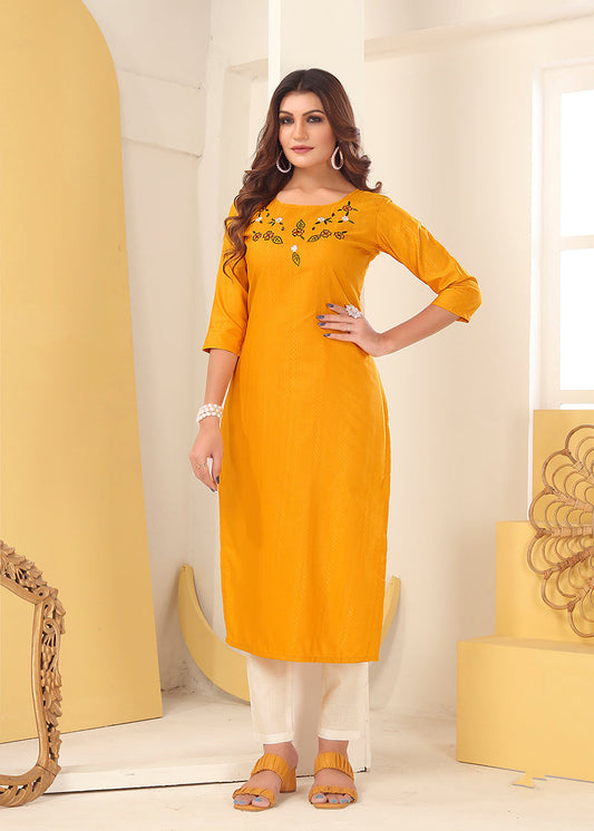 Monjolika Fashion Mustard Vision Silk With Handmade Embroidery Kurti - Swadesiicart