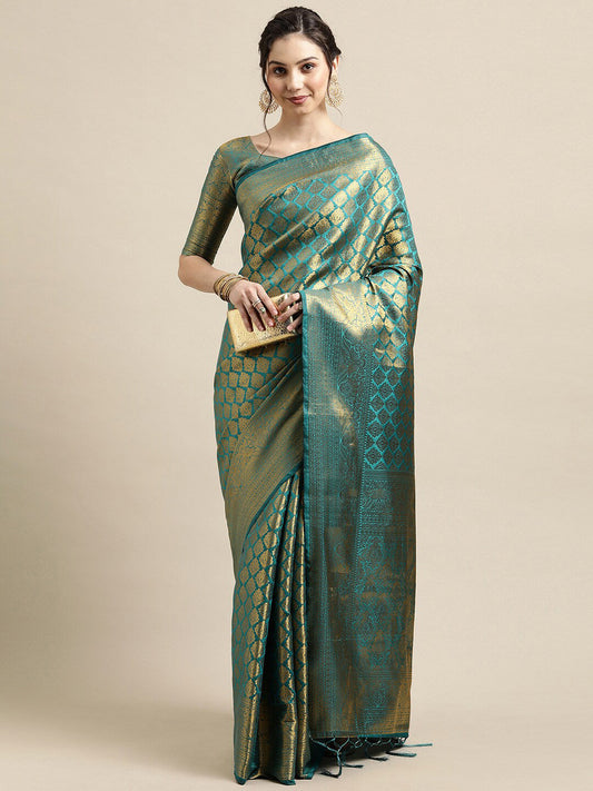 Saree Mall Blue & Gold-Toned Woven Design Zari Silk Blend Banarasi Saree | Swadesiicart