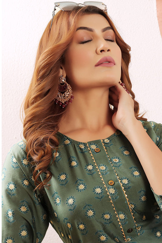 Monjolika Fashion Olive Green Viscose Maslin Print With Pocket Stylish Kurti - Swadesiicart