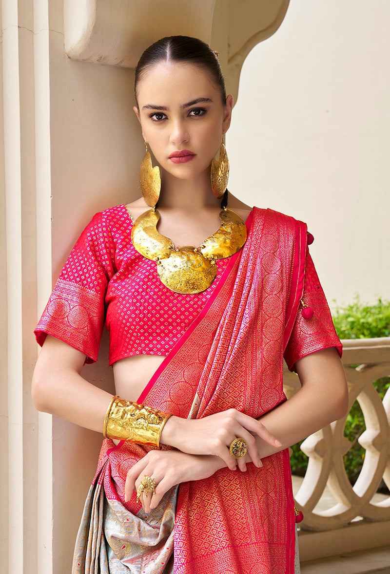 Monjolika Fashion Banarasi Silk Weaving Light Grey Trendy Saree | Swadesiicart