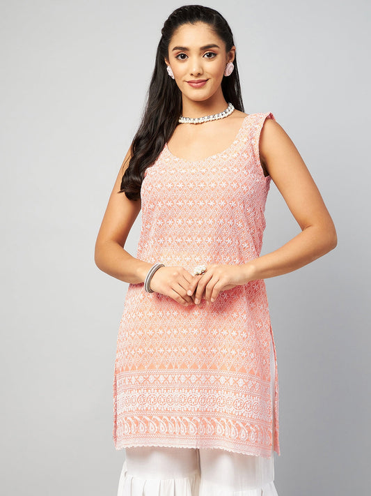 InWeave Women's Peach Sweetheart Neckline Kurta - Swadesiicart