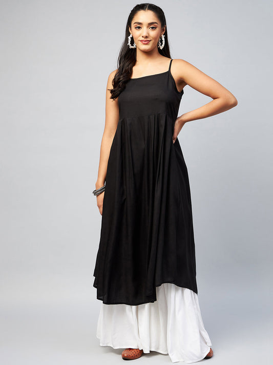 InWeave Women's Solid Black Strappy Kurta - Swadesiicart