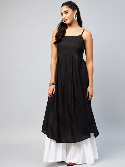 InWeave Women's Solid Black Strappy Kurta - Swadesiicart