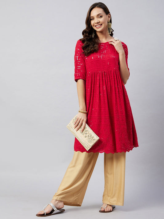 InWeave Women's Ruby Red Chikankari Anarkali Kurta - Swadesiicart
