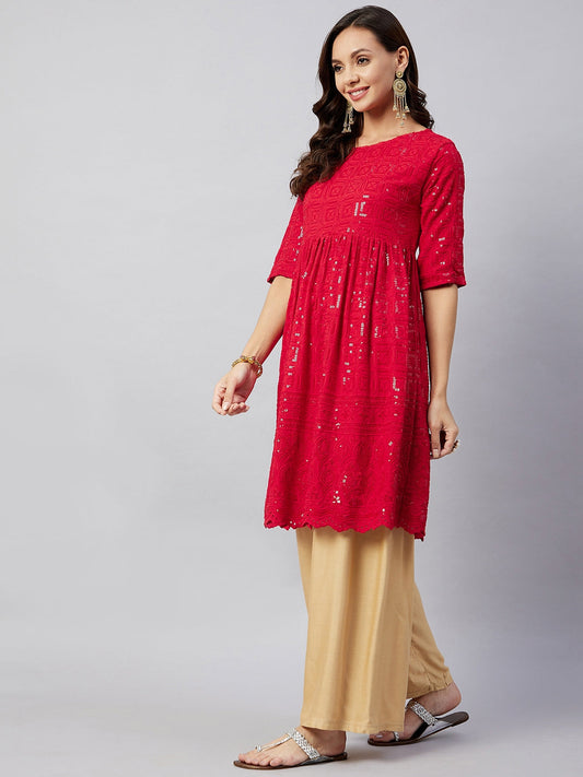 InWeave Women's Ruby Red Chikankari Anarkali Kurta - Swadesiicart