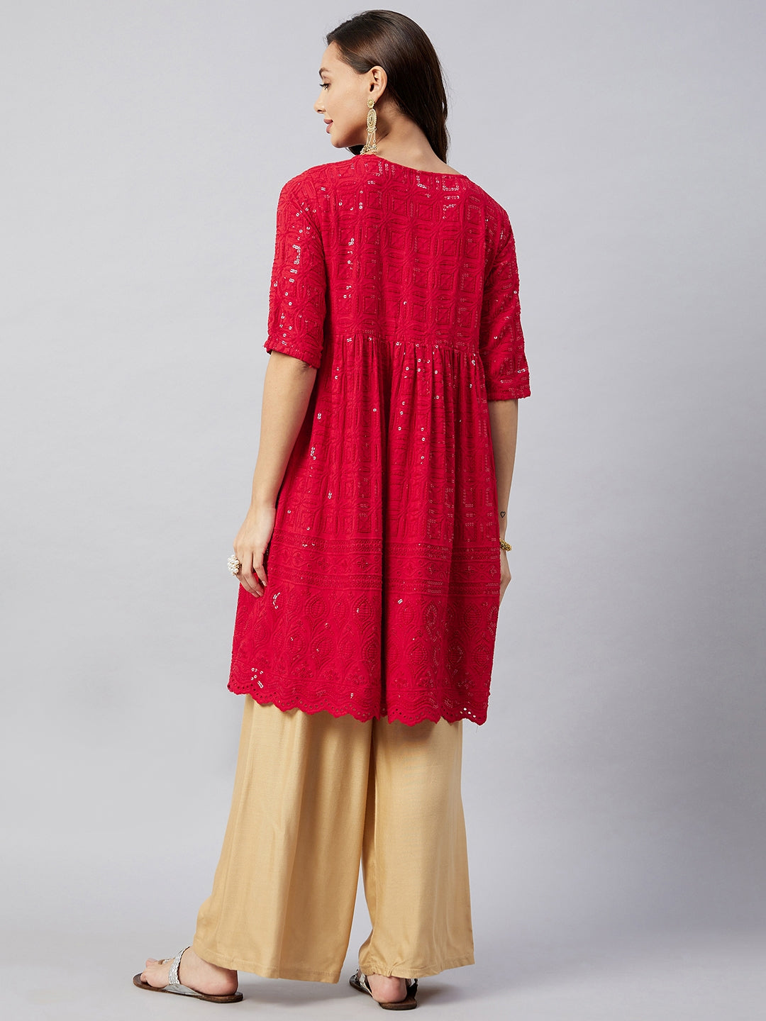 InWeave Women's Ruby Red Chikankari Anarkali Kurta - Swadesiicart
