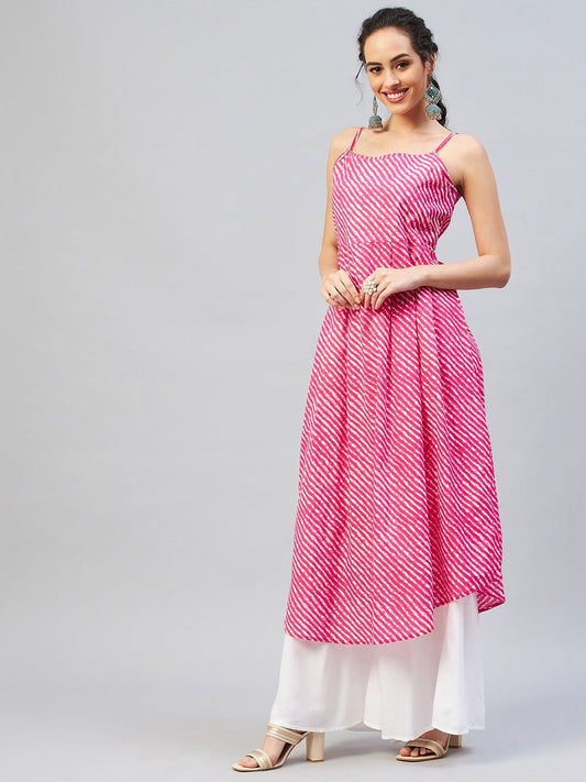 InWeave Women's Pink Lehriya Strappy Kurta - Swadesiicart
