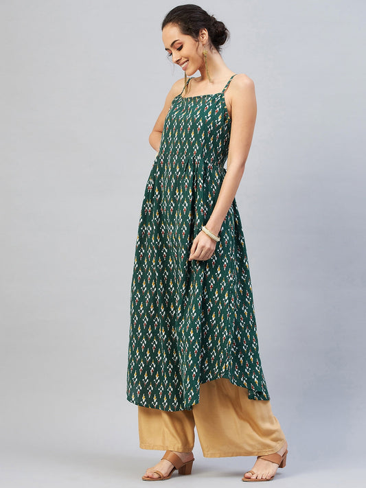 InWeave Women's Green Kantha Ikkat Strappy Kurta - Swadesiicart