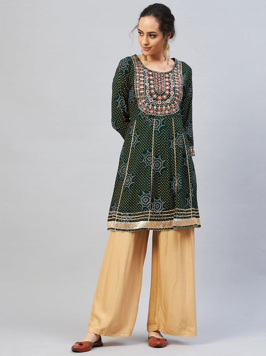 InWeave Women's Green Gota Mirror Work Kurta - Swadesiicart