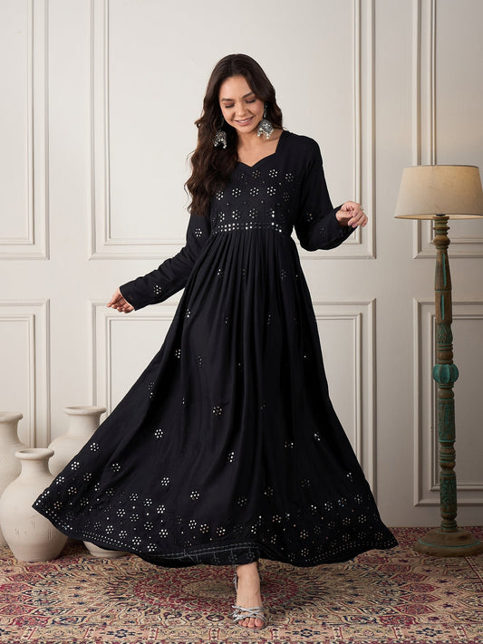 InWeave Black Mirror Work Long Anarkali Kurta - Swadesiicart