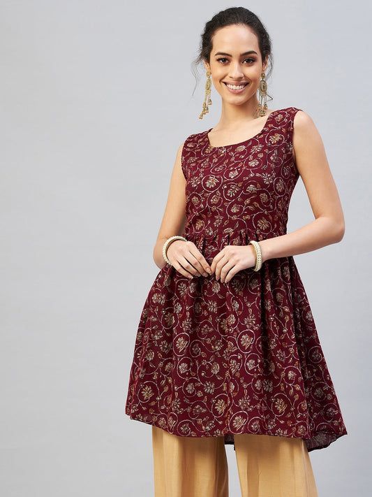 InWeave Women's Burgundy Silver Gold Printed Kurta - Swadesiicart