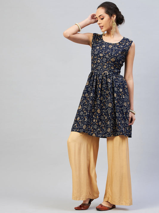 InWeave Women's Blue Silver Gold Printed Kurta - Swadesiicart
