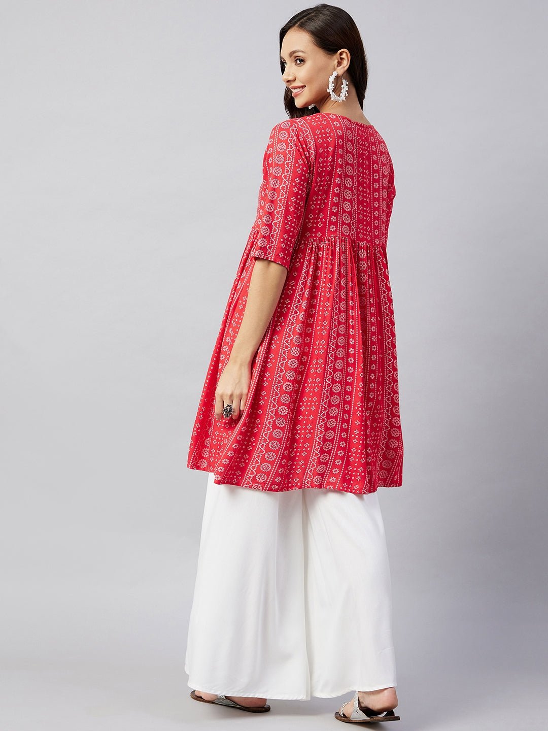 InWeave Women's Red Bandhani Shrot Anarkali Kurta - Swadesiicart