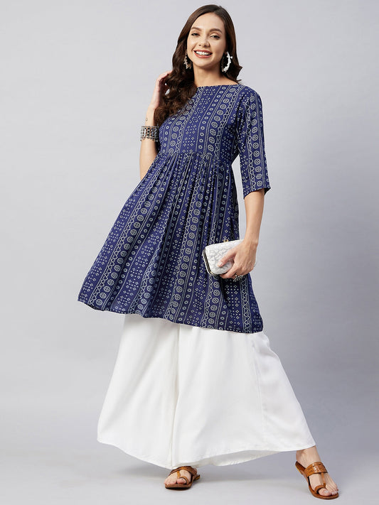 InWeave Women's Blue Bandhani Shrot Anarkali Kurta - Swadesiicart