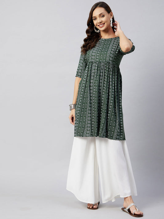 InWeave Women's Green Bandhani Shrot Anarkali Kurta - Swadesiicart