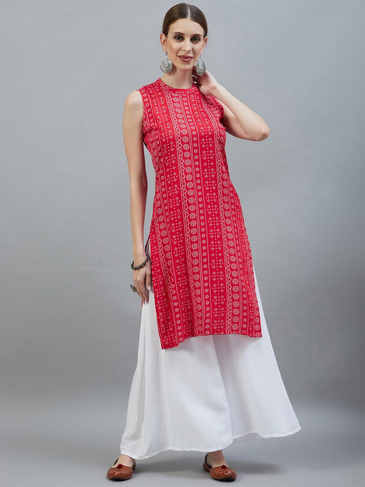 InWeave Women's Red Bandhej Halter Kurta - Swadesiicart
