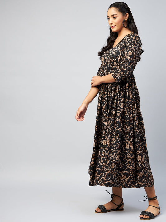 InWeave Women's Black Jaal Print Long Anarkali Kurta - Swadesiicart