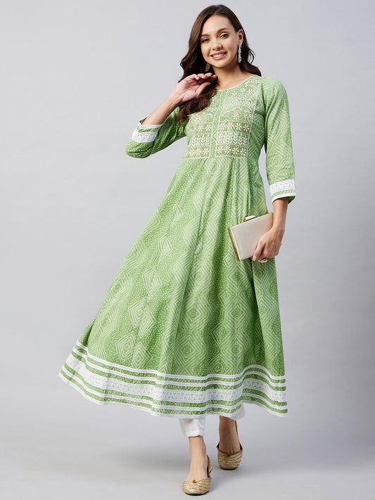 InWeave Women's Mint Green Mirror Work Anarkali Kurta - Swadesiicart