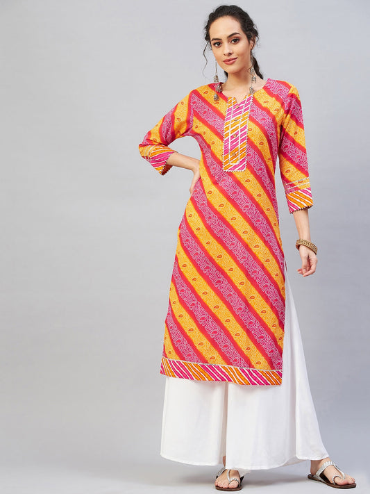 InWeave Women's Pink Mustard Lehriya Straight Kurta - Swadesiicart