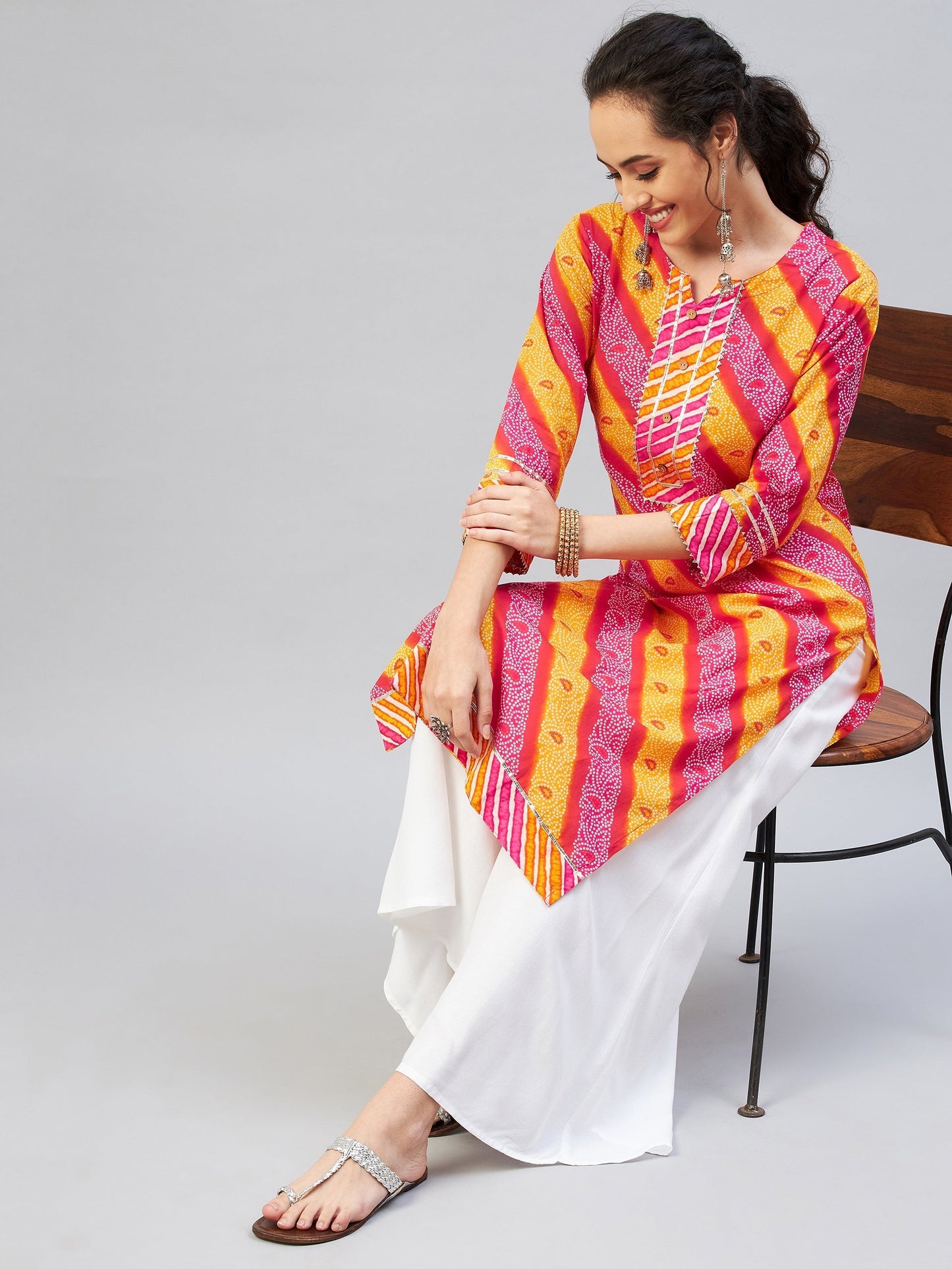 InWeave Women's Pink Mustard Lehriya Straight Kurta - Swadesiicart