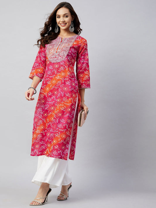 InWeave Women's Pink Orange Shaded Work Straight Kurta - Swadesiicart