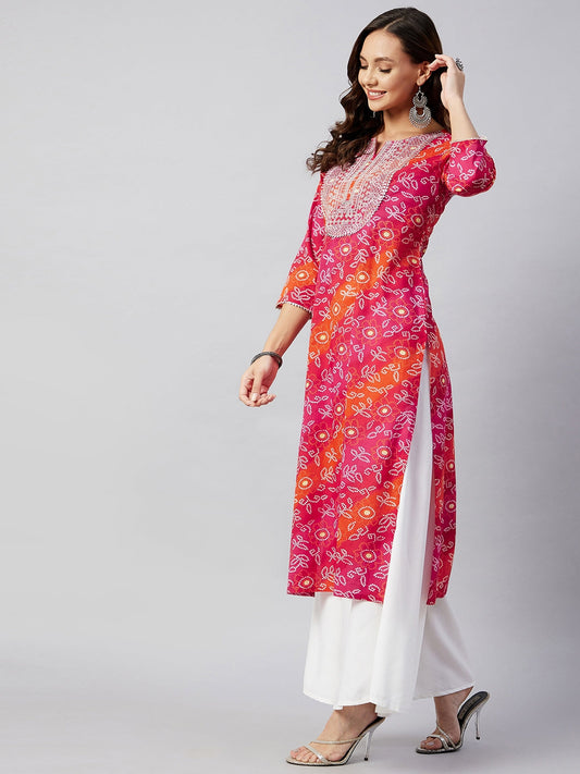 InWeave Women's Pink Orange Shaded Work Straight Kurta - Swadesiicart