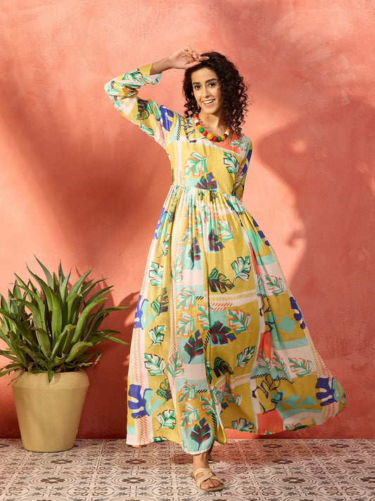 InWeave Lime Green Leaf Sweetheart Neck Long Anarkali Kurta - Swadesiicart