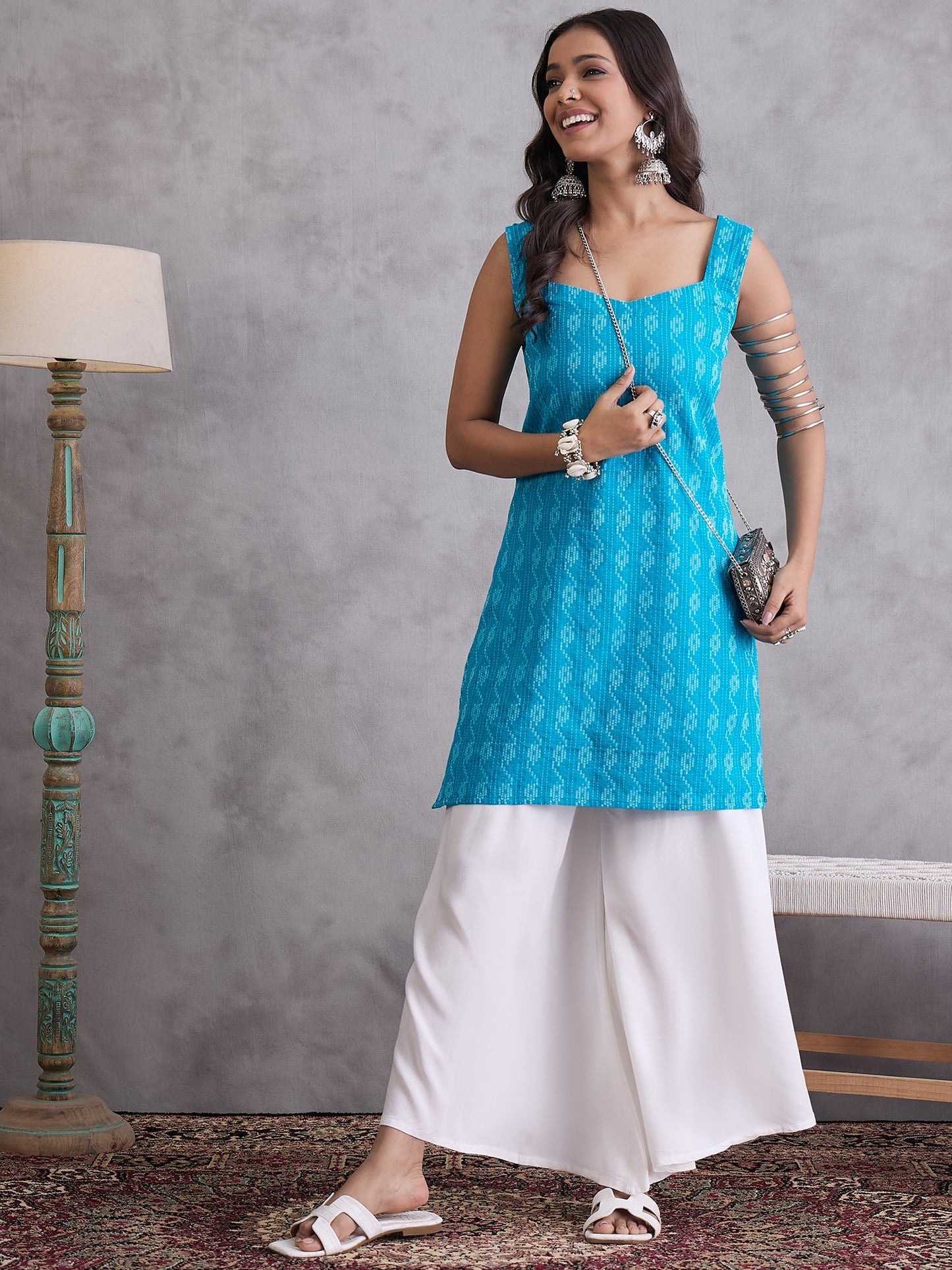 InWeave Cyan Blue Ikkat Kantha Kurta - Swadesiicart