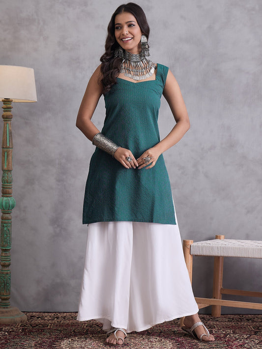InWeave Emerald Green Kantha Striped Kurta - Swadesiicart